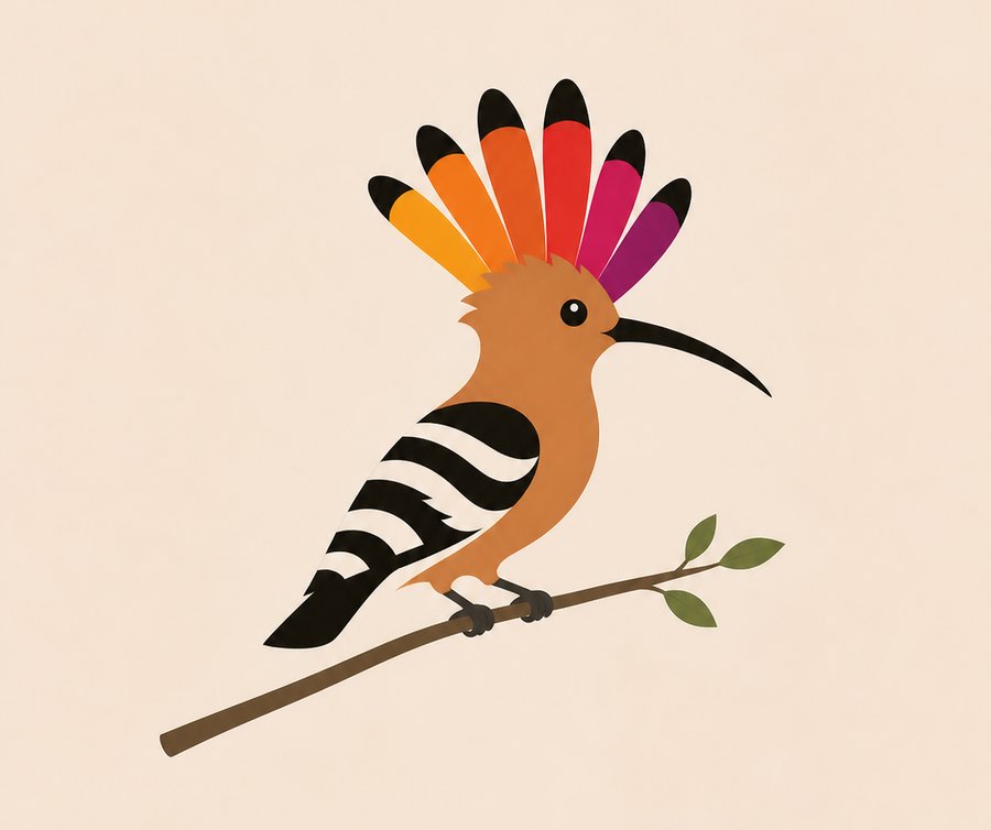 Illustration of a hoopoe perched calmly on a branch