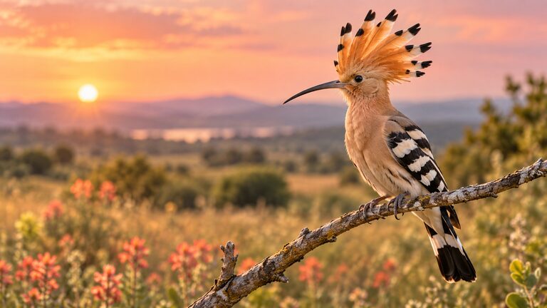 A photorealistic hoopoe with its orange crest raised, perched above a golden meadow.